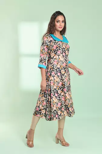 Navy blue rayon floral printed a-line kurta