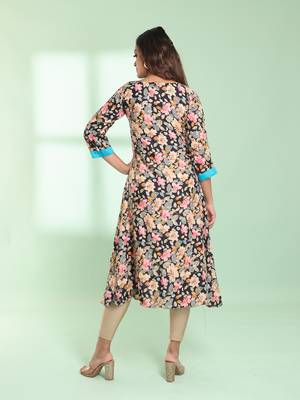 Navy blue rayon floral printed a-line kurta 4