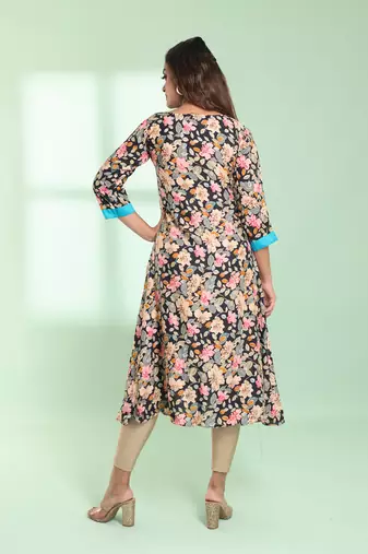 Navy blue rayon floral printed a-line kurta