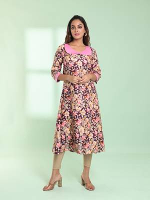 Purple rayon floral printed a-line kurta 1