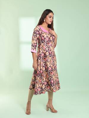 Purple rayon floral printed a-line kurta 3