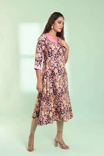 Purple rayon floral printed a-line kurta