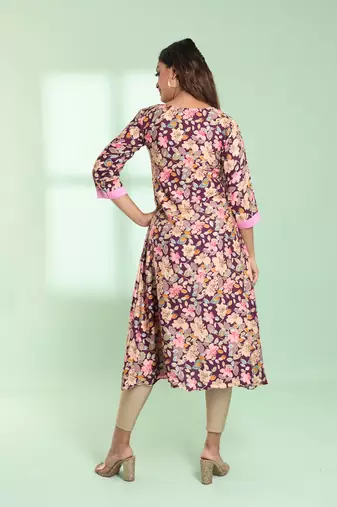 Purple rayon floral printed a-line kurta