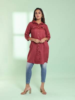 Dark red checkbox printed cotton kurta shirt 1