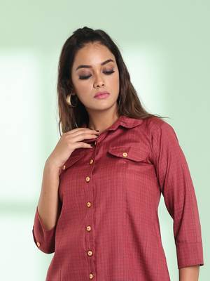 Dark red checkbox printed cotton kurta shirt 2