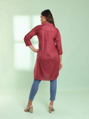 Dark red checkbox printed cotton kurta shirt 4