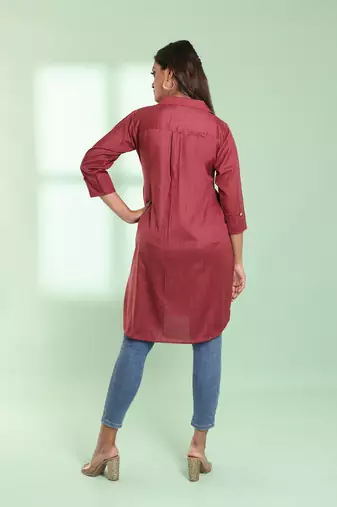Dark red checkbox printed cotton kurta shirt