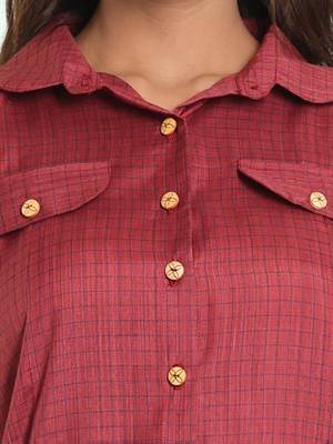 Dark red checkbox printed cotton kurta shirt 5