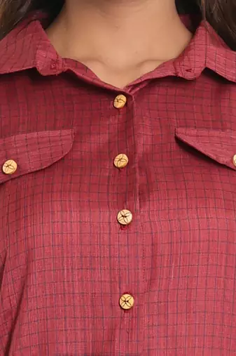 Dark red checkbox printed cotton kurta shirt