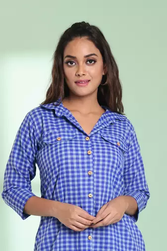Blue checkbox printed cotton kurta shirt