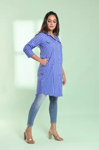Blue checkbox printed cotton kurta shirt