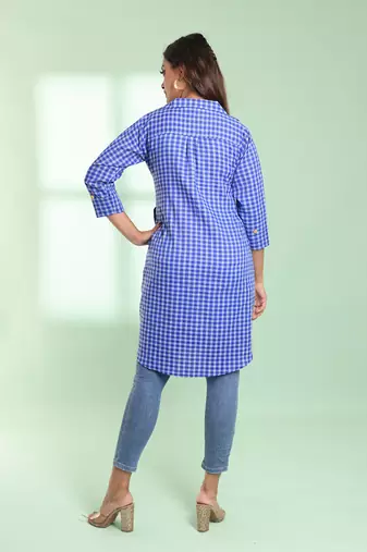 Blue checkbox printed cotton kurta shirt