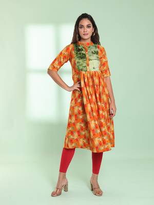 Orange printed gathered rayon kurta with patchwork 1