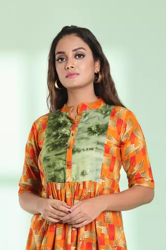 Orange printed gathered rayon kurta with patchwork