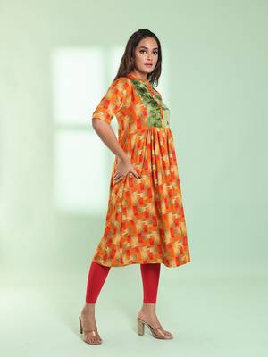 Orange printed gathered rayon kurta with patchwork 3