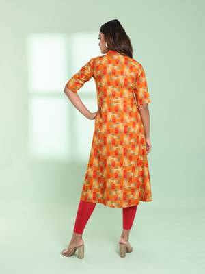 Orange printed gathered rayon kurta with patchwork 4
