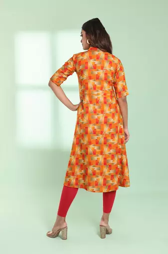 Orange printed gathered rayon kurta with patchwork
