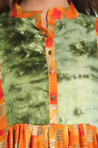 Orange printed gathered rayon kurta with patchwork