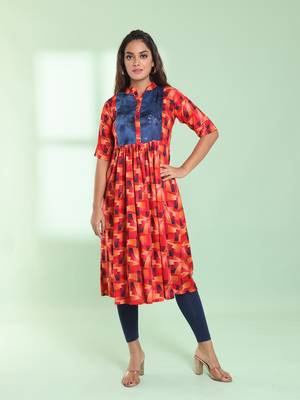 Red printed gathered rayon kurta with patchwork 1