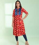 Red printed gathered rayon kurta with patchwork