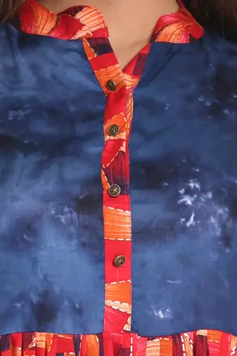 Red printed gathered rayon kurta with patchwork