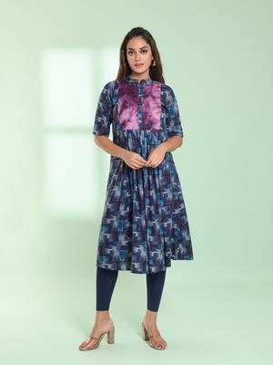 Blue printed gathered rayon kurta with patchwork 1