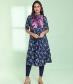 Blue printed gathered rayon kurta with patchwork