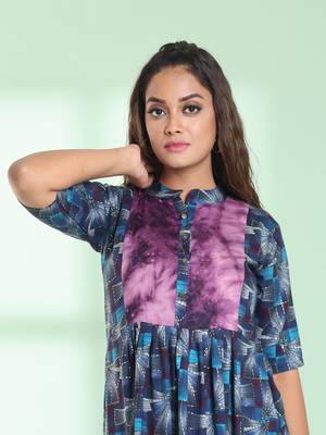 Blue printed gathered rayon kurta with patchwork 2