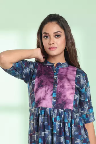 Blue printed gathered rayon kurta with patchwork