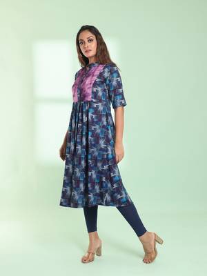 Blue printed gathered rayon kurta with patchwork 3