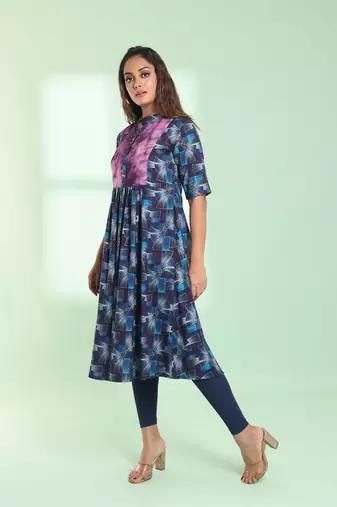 Blue printed gathered rayon kurta with patchwork