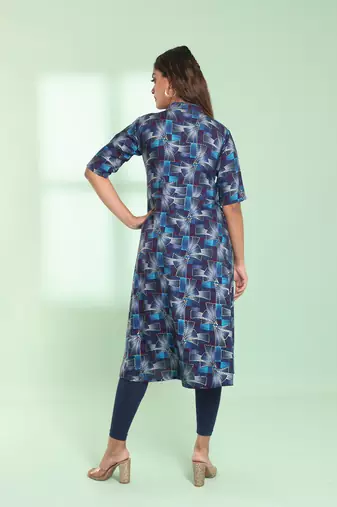 Blue printed gathered rayon kurta with patchwork