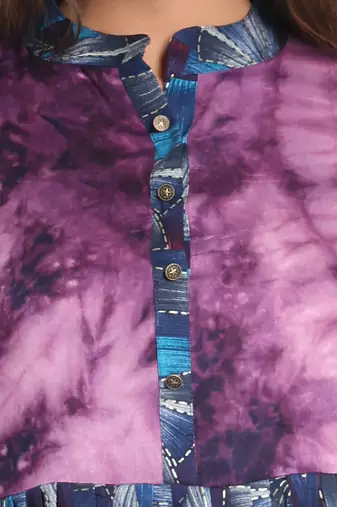 Blue printed gathered rayon kurta with patchwork