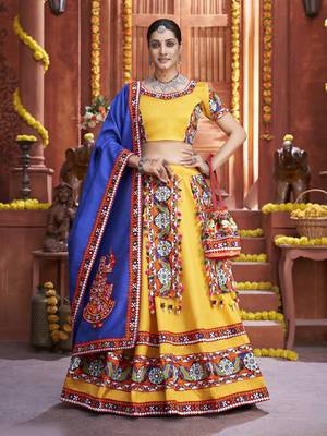 Vibrant Yellow & Royal Blue Art Silk Mirror Work Navratri Ghagra Choli 1