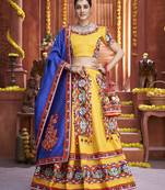 Vibrant Yellow & Royal Blue Art Silk  Mirror Work Navratri Ghagra Choli