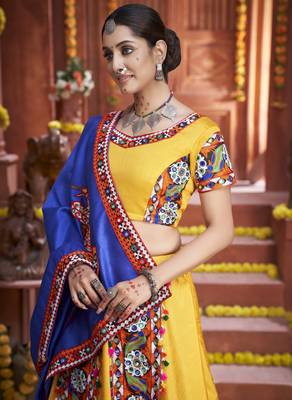 Vibrant Yellow & Royal Blue Art Silk Mirror Work Navratri Ghagra Choli 2