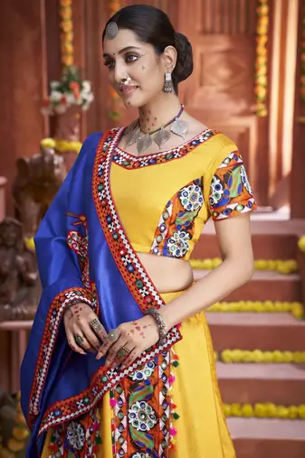 Vibrant Yellow & Royal Blue Art Silk  Mirror Work Navratri Ghagra Choli