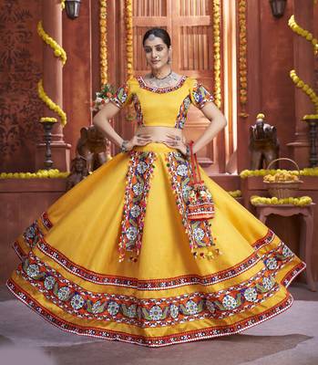 Vibrant Yellow & Royal Blue Art Silk Mirror Work Navratri Ghagra Choli 3
