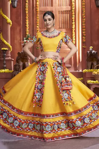 Vibrant Yellow & Royal Blue Art Silk  Mirror Work Navratri Ghagra Choli