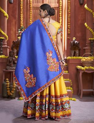 Vibrant Yellow & Royal Blue Art Silk Mirror Work Navratri Ghagra Choli 4