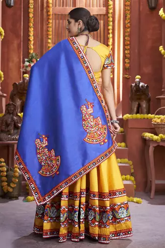 Vibrant Yellow & Royal Blue Art Silk  Mirror Work Navratri Ghagra Choli