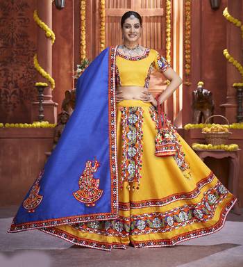 Vibrant Yellow & Royal Blue Art Silk Mirror Work Navratri Ghagra Choli 5