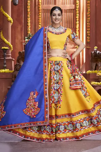 Vibrant Yellow & Royal Blue Art Silk  Mirror Work Navratri Ghagra Choli