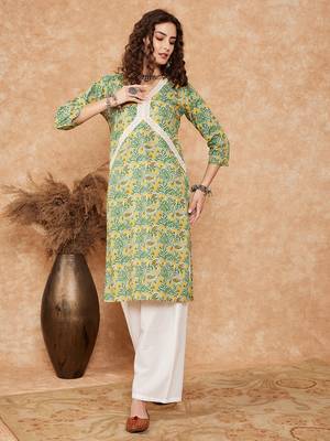 PEAR GREEN YELLOW FLORAL ALIA LACE WORK STRAIGHT KURTA 1