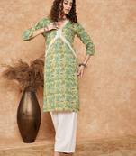 PEAR GREEN YELLOW FLORAL ALIA LACE WORK STRAIGHT KURTA