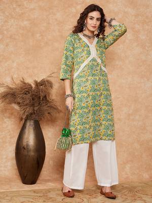 PEAR GREEN YELLOW FLORAL ALIA LACE WORK STRAIGHT KURTA 2