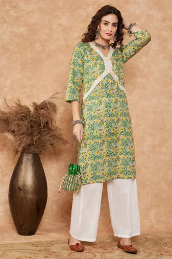 PEAR GREEN YELLOW FLORAL ALIA LACE WORK STRAIGHT KURTA