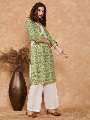 PEAR GREEN YELLOW FLORAL ALIA LACE WORK STRAIGHT KURTA 3