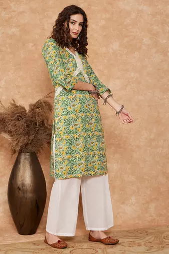 PEAR GREEN YELLOW FLORAL ALIA LACE WORK STRAIGHT KURTA