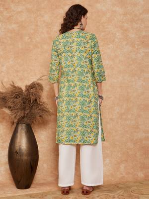 PEAR GREEN YELLOW FLORAL ALIA LACE WORK STRAIGHT KURTA 4